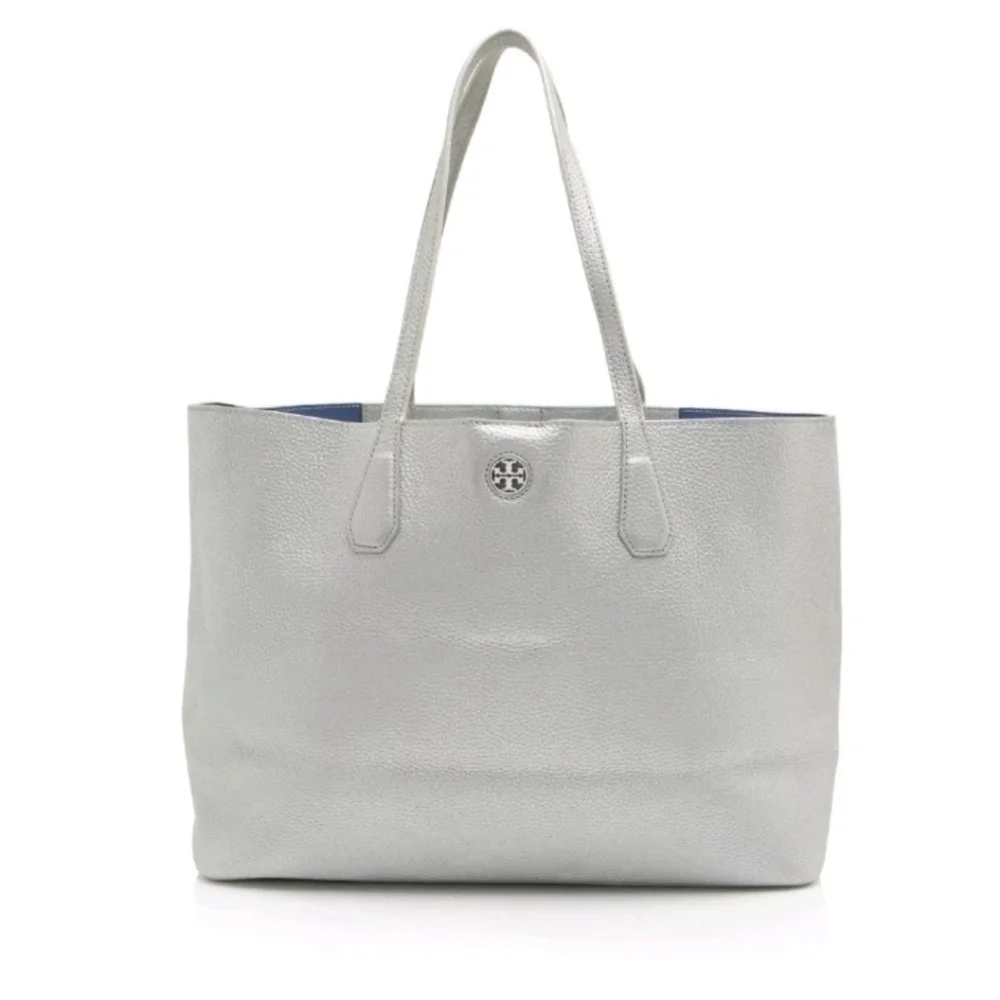 Tory Burch Silver Metallic Pebbled Leather Perry Large Tote Bag